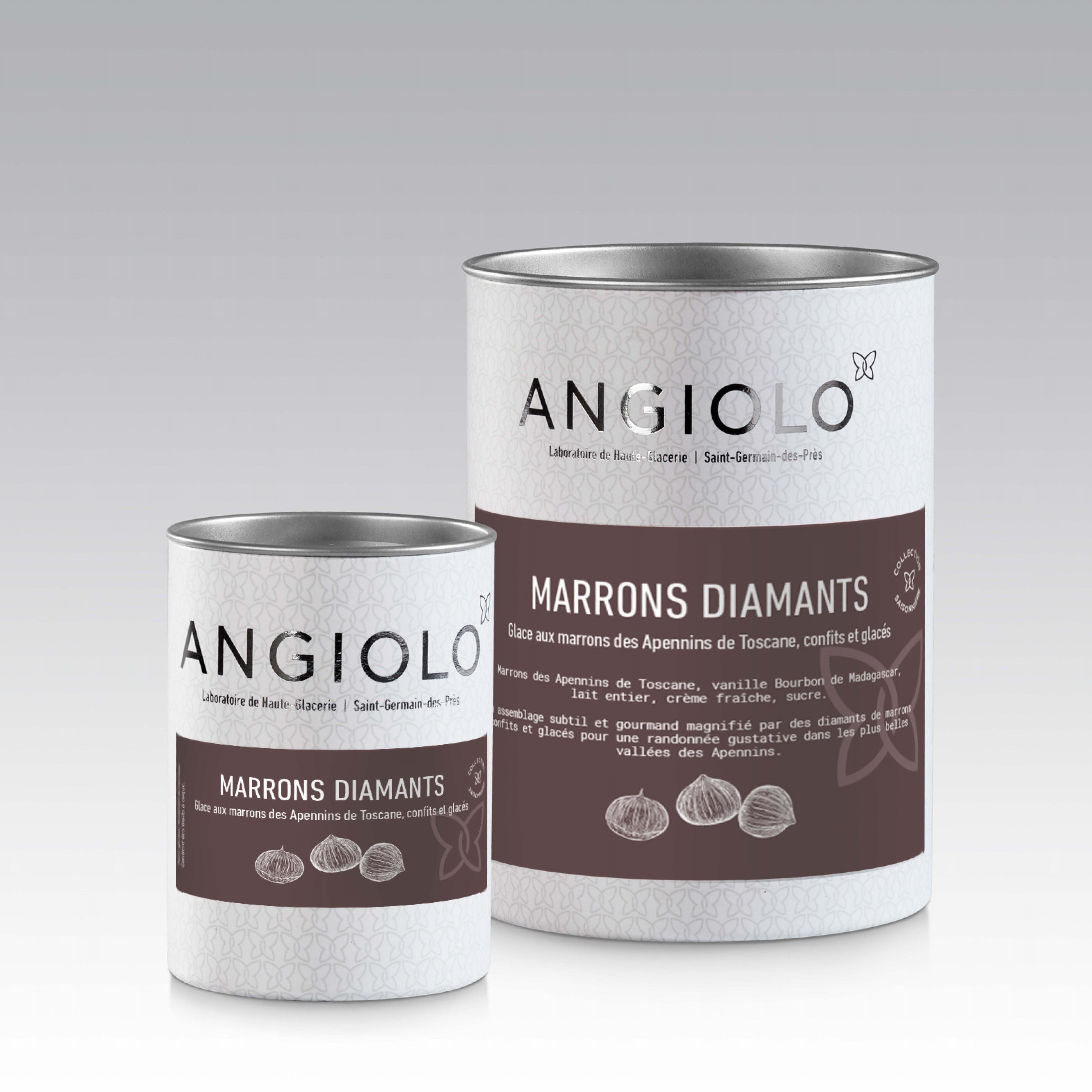 Deux pots de glace Marrons Diamants Angiolo. Meilleure glace marrons glaces Paris. Best Chestnut Ice Cream Best Chestnut Gelato Paris