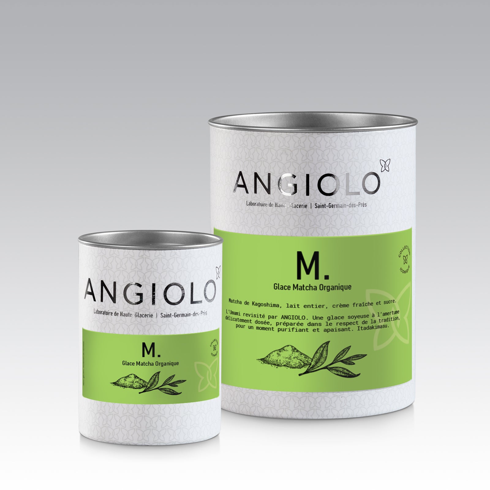 Deux pots de glace matcha organique Angiolo. Meilleure Glace Matcha. Best Matcha Ice-cream Best Matcha Gelato