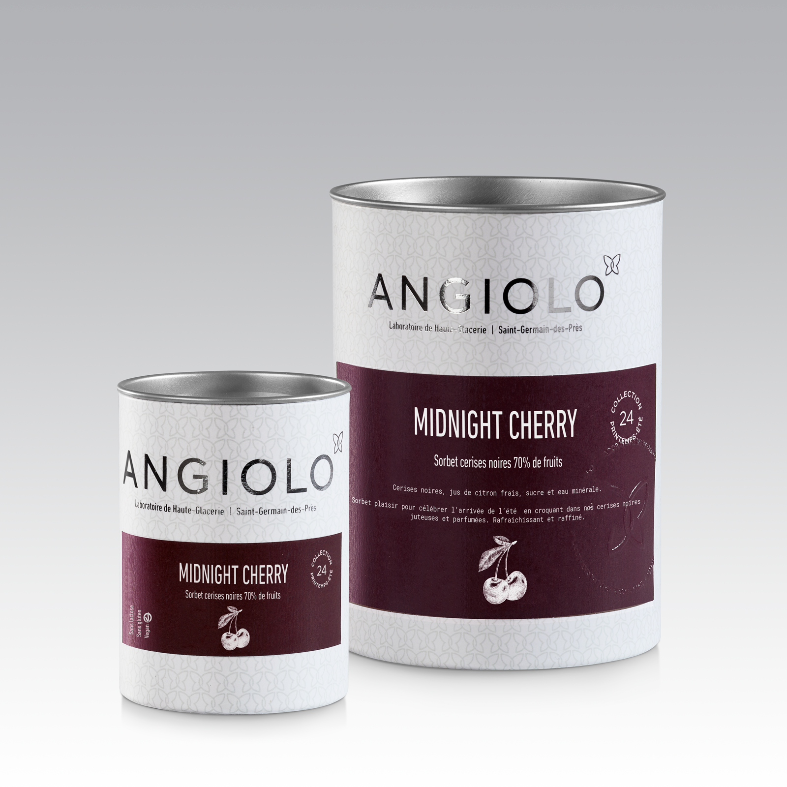 Deux pots de sorbet cerise noire artisanale Angiolo. Meilleur sorbet Cerise Paris. Best Cherry Ice Cream Paris. Gelato