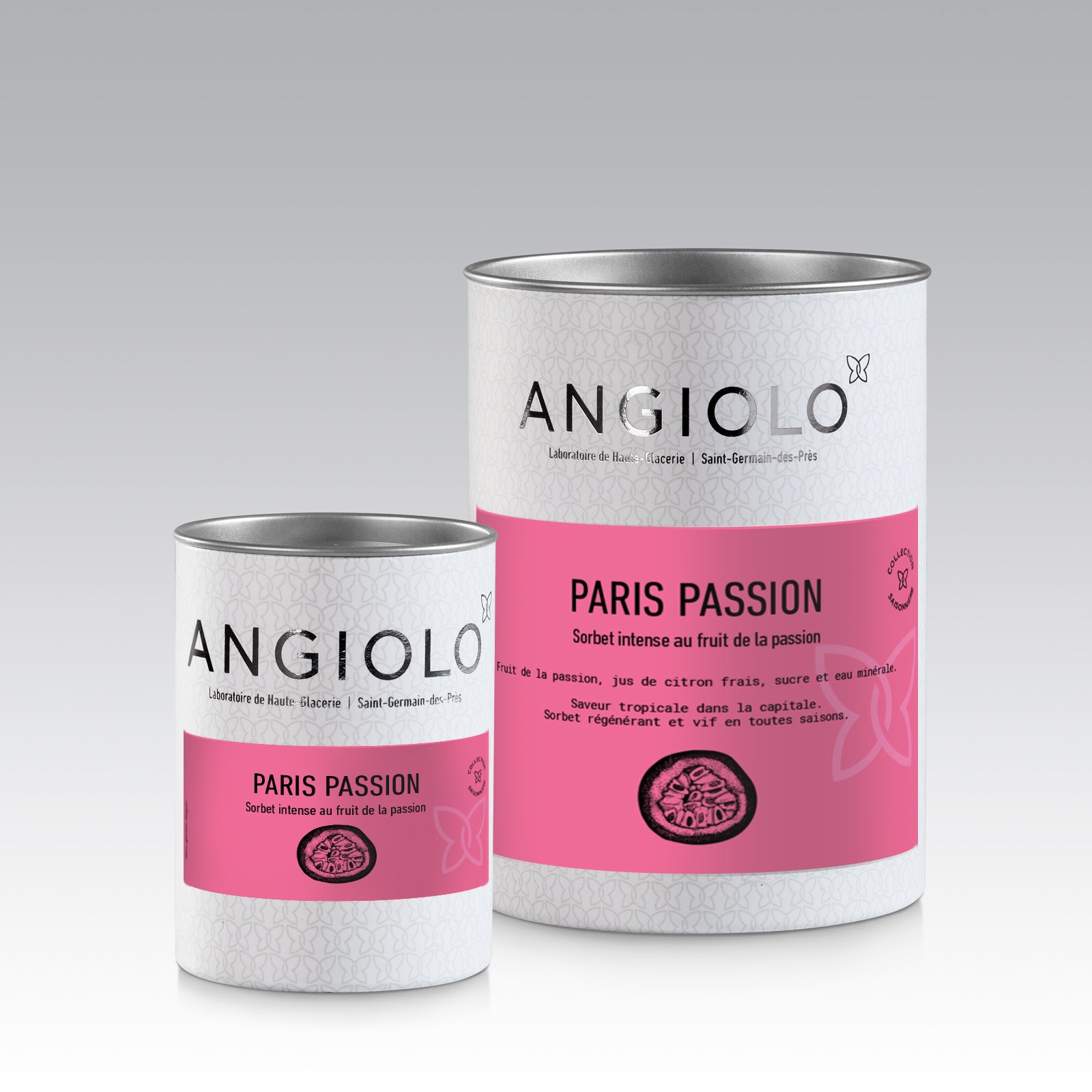 Deux pots de sorbet fruit de la passion Angiolo. Sorbet Passion. Passion Ice-cream Passion Gelato Meilleur Sorbet Passion