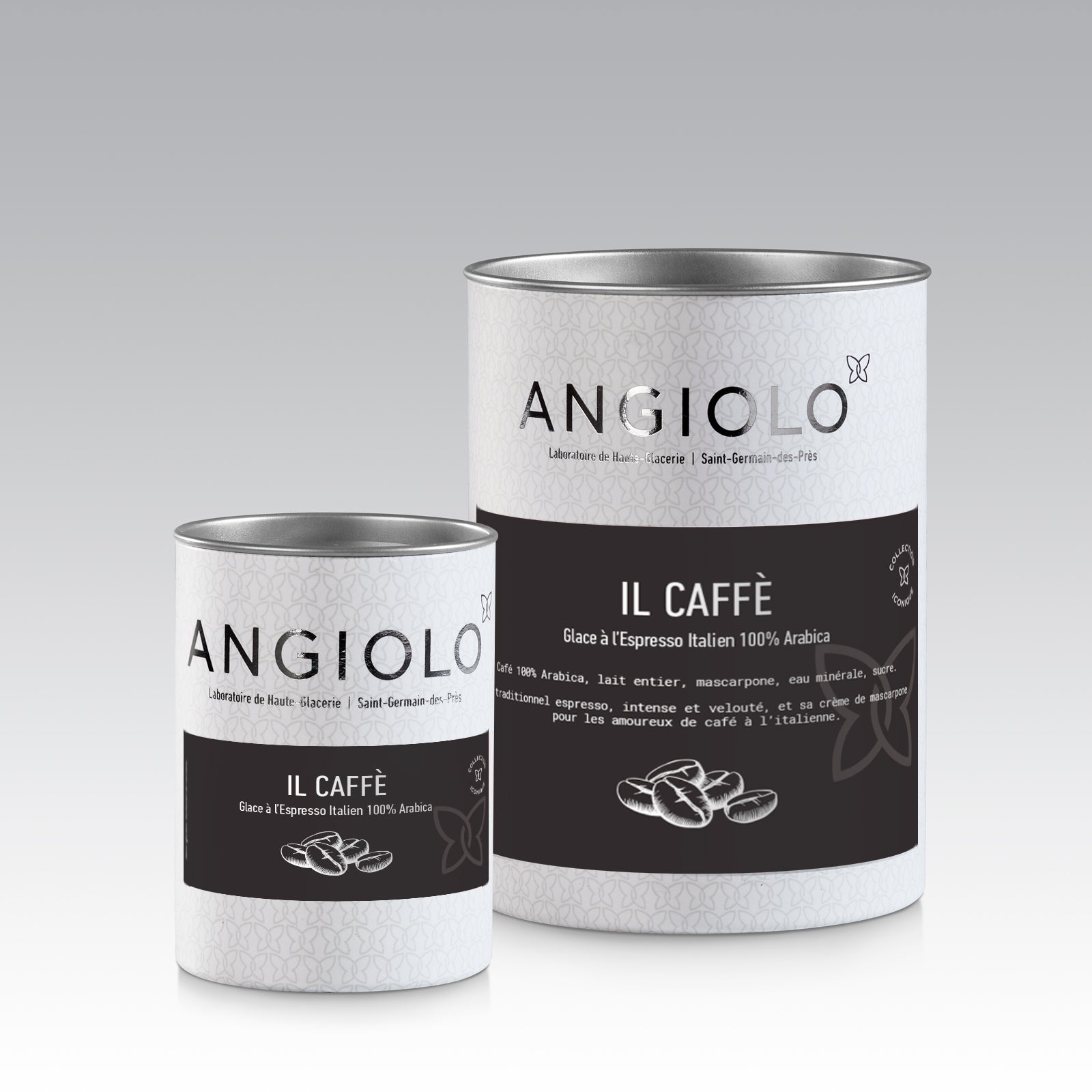 Deux pots de glace espresso café 100% arabica Angiol. Meilleure glace cafe Paris. Glace Espresso, Best Espresso Gelato Paris, Best Coffee Ice cream Paris
